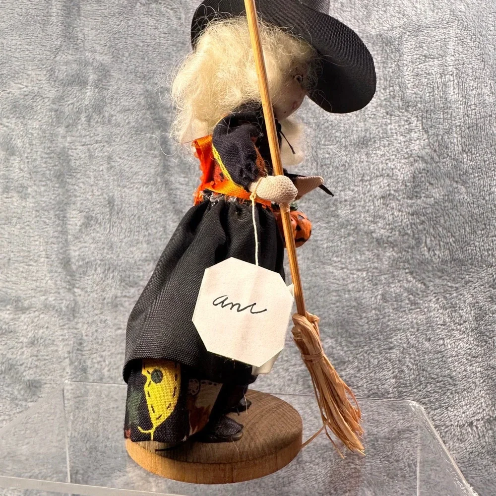 Handmade‎ Halloween Witch Doll on Wood Base Broom Pumpkin Signed Annette